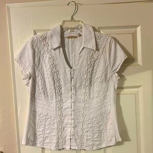 Soft Surroundings Taos Top White Cotton Blouse Size M. Boho Lace Button Up